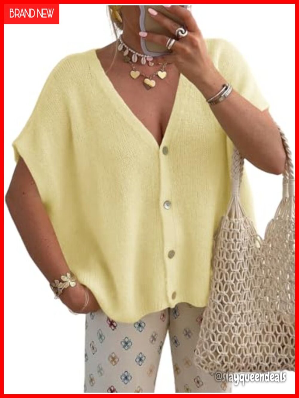 Women's Oversized Short Sleeve V-Neck Button Down Cardigan Sweater